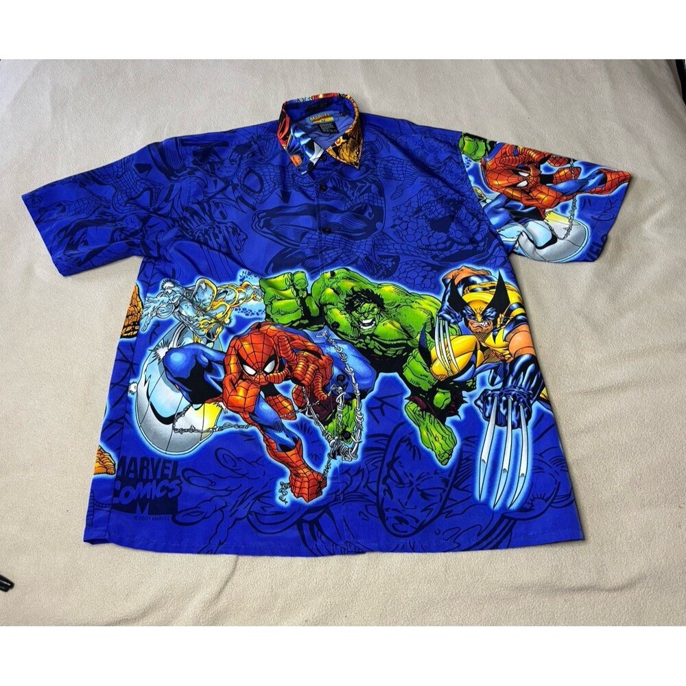 Vintage 2001 Marvel Spider-Man Wolverine Hulk AOP Button Up Shirt Blue Size L